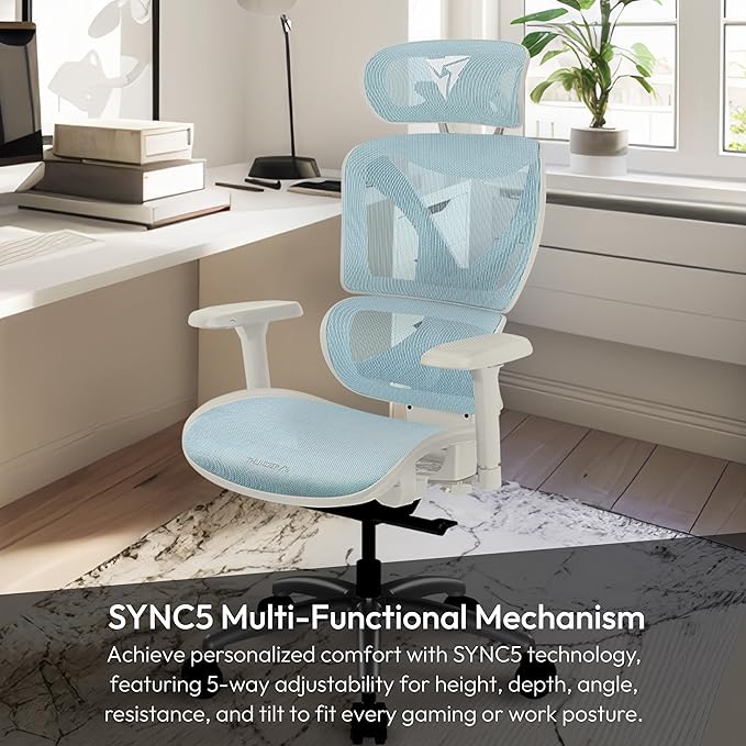 ThunderX3 XTC Ergonomic Office Chair, for Adults Gaming Chair, High Back Desk Chair, Synchronous Tilt, Self-Adjusting Lumbar Support and Backrest, Adjustable Headrest, Chroma Mesh, White Blue