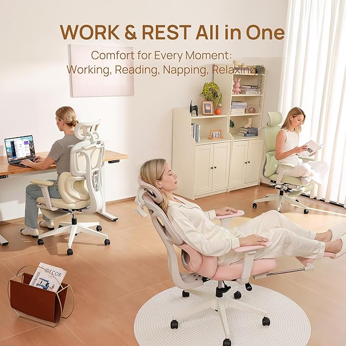 CabLady S1 Petite Ergonomic Home Desk Chair with Footrest and Headrest, High Back Fixed Lumbar Support with Detachable Pillow, Reclining Cute Office Chair for Women & Girls, 300 LBS Capacity