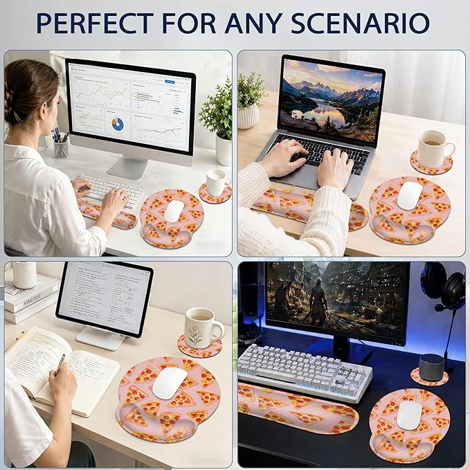 Ergonomic Memory Foam Wrist Rest Set for Keyboard and Mouse,Cute Pizza Supportive Mouse Pad with Non Slip Base for Office Work and Gaming