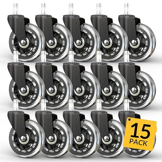 HOLKIE Office Chair Wheels - Universal Fit 3 Inch Rollerblade Casters - Safe for Hardwood Carpet Floors - Heavy Duty Rubber Replacement for Gaming Chairs - Smooth, Silent Glide - Set of 15