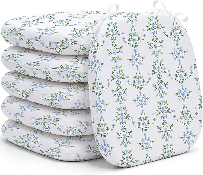 6 Pack Grandmillenial Chair Cushions for Dining Chairs 17" x 16" x 2" D-Shaped Breathable Blue and White Floral Linen Kitchen Chair Pads with Ties Washable Non Slip Seat Cushion