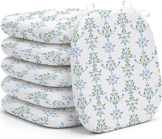 6 Pack Grandmillenial Chair Cushions for Dining Chairs 17" x 16" x 2" D-Shaped Breathable Blue and White Floral Linen Kitchen Chair Pads with Ties Washable Non Slip Seat Cushion