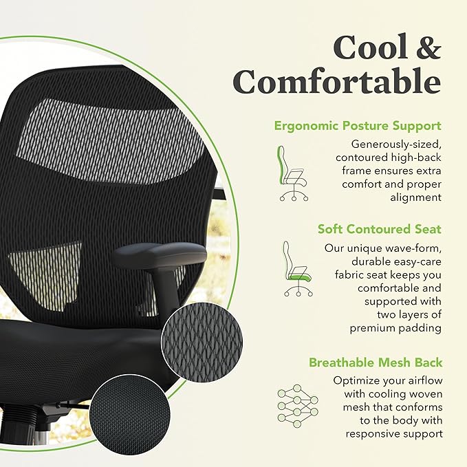 HON Prominent High Back Ergonomic Office Chair with Adjustable Center‑Tilt Recline, Height Adjustable Arms, Swivel Desk and Computer Chair for Home Office or Workstation, Black
