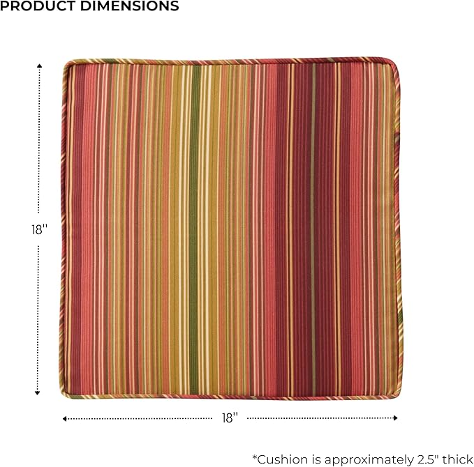 Outdoor 18 inch Square Patio Dining Chair Pads – Comfortable Fiber-Filled Seat Cushions with Ties, Reversible Polyester Fabric - Kinnabari Stripe, Set of 4