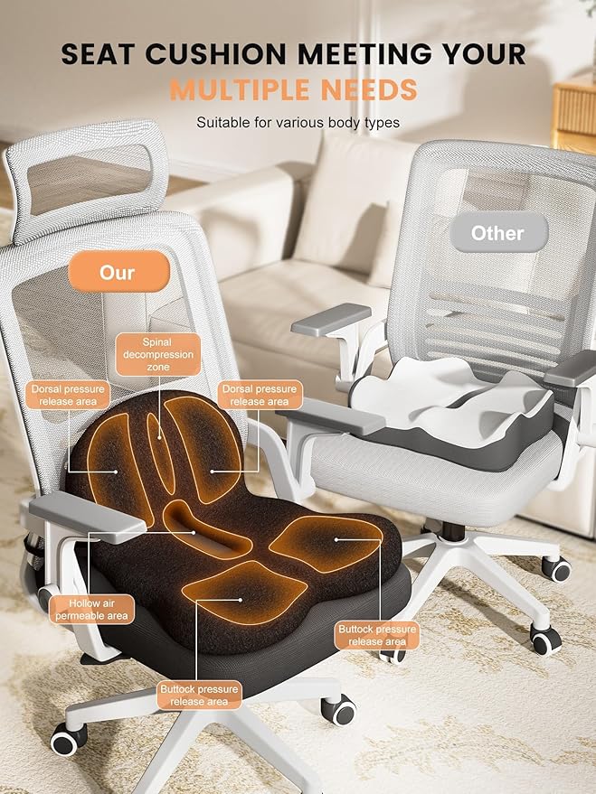 Office Chair Seat Cushion for Long Sitting Workers - L-Shaped Ergonomic Memory Foam with Tailbone Support & Adjustable Strap