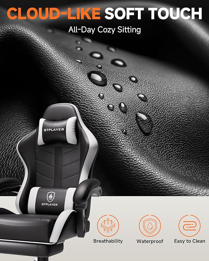 GTPLAYER Gaming Chair for Adults, Ergonomic Computer Gaming Chair with Footrest, Height Adjustable, 90-155° Recline & Removable Headrest Lumbar Support, Pearl White