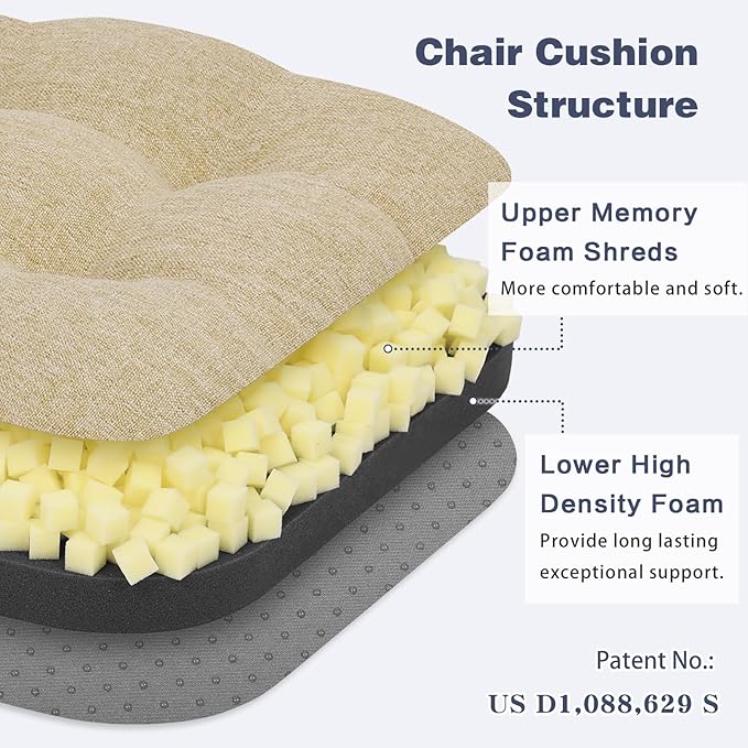 baibu Set of 4 Dining Chair Cushions, Dual-Layer Patent Design Memory Foam Kitchen Chair Cushions, Non-Slip Seat Pads with Ties, 16.5 x 16.5 x 3.5in, 4 Pack, Beige