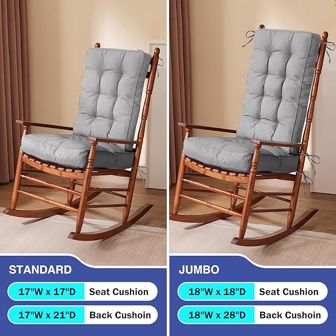 IPYNBAP Rocking Chair Cushion, Waterproof and Fade-Resistant Patio Chair Cushions, Tufted Chair Pads for Rocker Furniture, 18x18 Inch, Indoor/Outdoor Seat Cushions with Ties, Light Grey