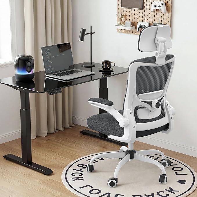 Office Chair, Ergonomic Mesh Desk Chair with Adjustable Lumbar Support and Headrest, Flip-up Armrests, High Back Computer Task Chair for Home and Executive Office (W-Dark Grey)