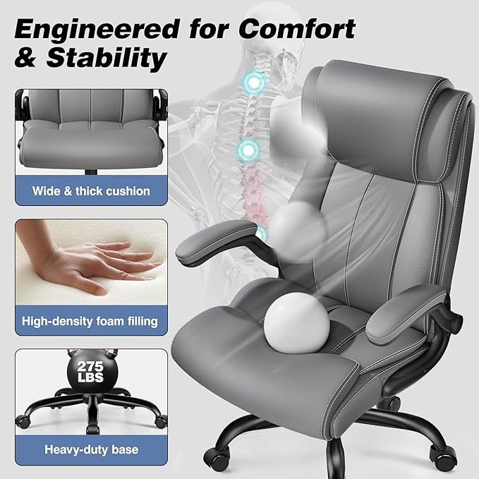 BESTFAIR Ergonomic Office Chair - Desk Computer Chair, Leather High Back Executive Chairs with Adjustable Lumbar Support & Flip Up Arms, Gray 4 Pack