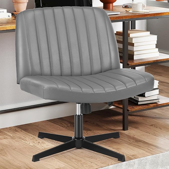 Sweetcrispy Criss Cross Chair Legged, PU Leather Armless Office Swivel Desk Chairs No Wheels, Vanity Height Adjustable Wide Seat Faux Leather Computer Task Chair for Home Bedroom, PU-Grey
