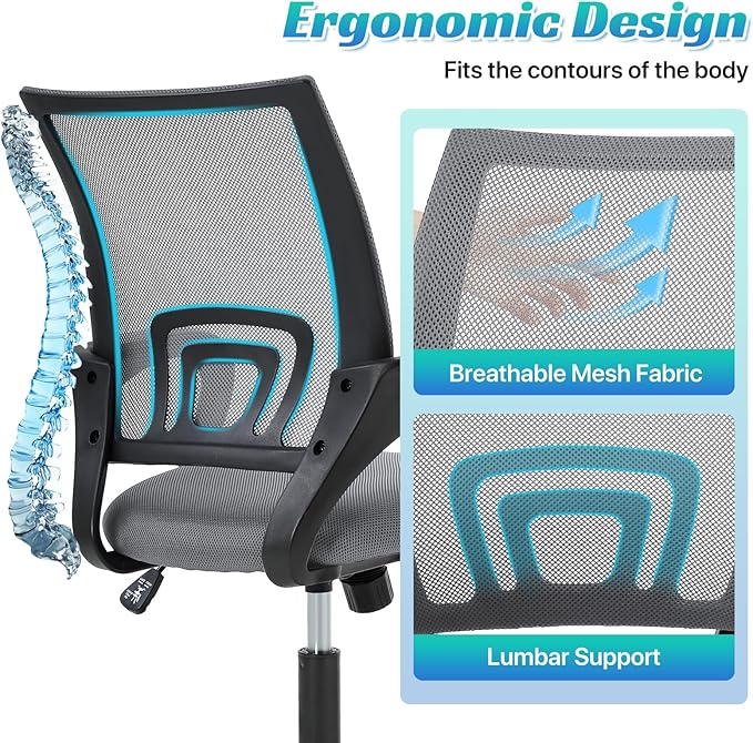 Ergonomic Office Chair Mesh Mid Back with Lumbar Support Armrest, Adjustable Home Desk Chair Comfy Computer Task Drafting Rolling Swivel Chairs for Gaming, Home Work, Study, Grey