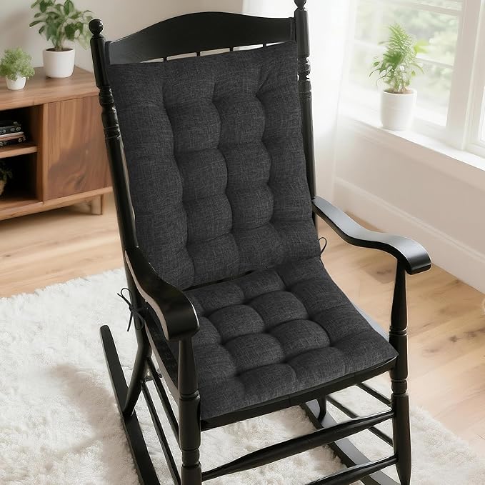 AddGrace Rocking Chair Cushions Indoor Tufted Cushions for Rocking Chairs with Ties Comfortable Textured Fabric Set of Seat & Back Cushion 21x17/17x17 Black
