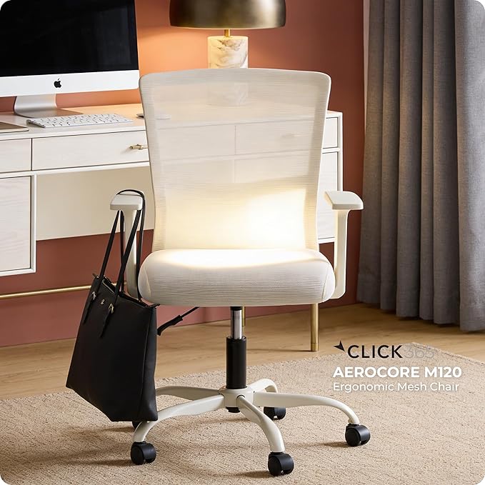 AeroCore M120 Ergonomic Mesh Office Chair, Breathable DeskChair with Lumbar Support, Cushioned Seat, Adjustable Height, Fixed Arms & Swivel, 275lbs Capacity, Cream
