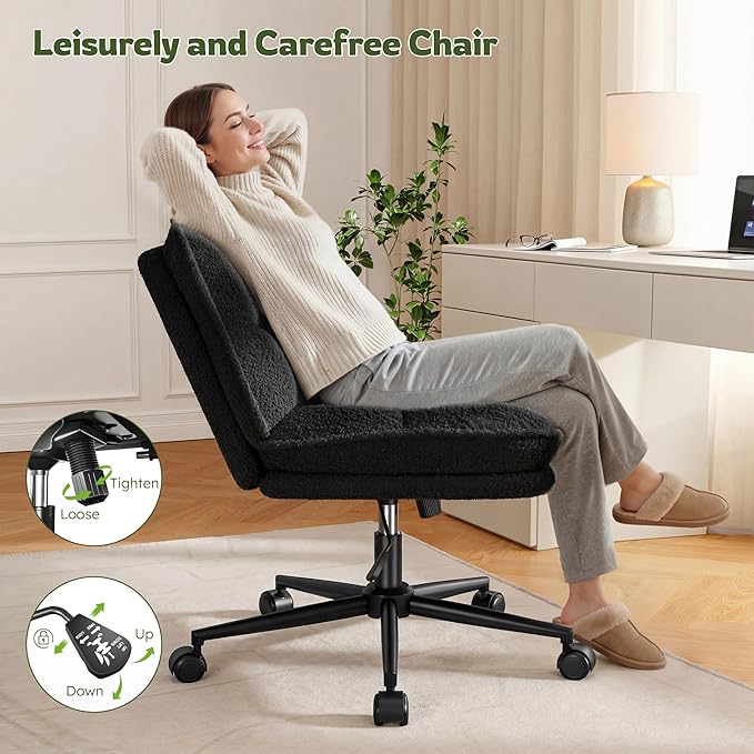 DurayLoly Criss Cross Chair with Wheels, 6.2" Extra Thick Cross Legged Office Chair, Height Adjustable Swivel Design for Home Office, Study & Vanity,Black