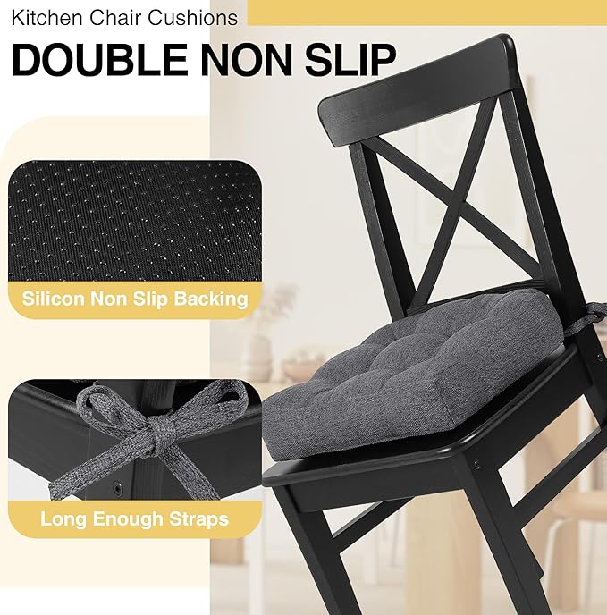 Tromlycs Chair Cushions for Dining Chairs Kitchen Seat Cushions Room 4 Pack Pads with Ties Indoor Non Slip Office 18x18 Inch, Dark Grey
