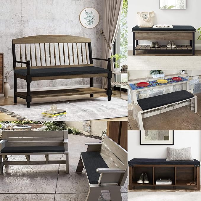 baibu 48 Inch Classic Solid Color Bench Cushion with Ties, Non-Slip Indoor Outdoor Rectangle Bench Seat Cushion Standard Size Foam Pad with Machine Washable Cover (Black, 48x16x1.5in)