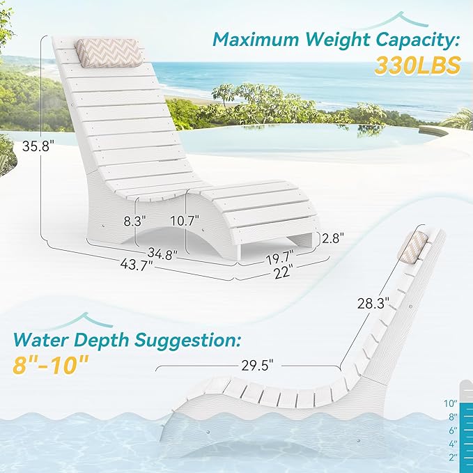 HDPS Pool Lounge Chairs Set of 2, Use in Pools Lounge Chairs up to 10-Inches of Water, Chaise Chairs with Headrest, Lounge Chair Outdoor, Fade-Resistant Pool Lounger for Deck