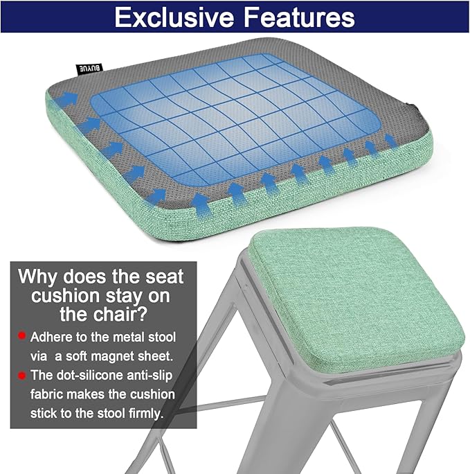 BUYUE Friendly Woven Fabric Magnetic Bar Stool Cushions Set of 4, Enhanced Anti-Slip Breathable Small Chair Seat Pads for Café Bistro Stackable Metal Stools (Square, Light Green, 4 Counts)
