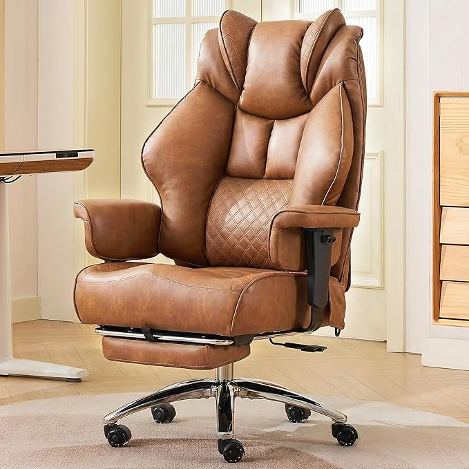 500lbs Big and Tall Office Chair Adjustable Lumbar Support, Extra Wide Seat Ergonomic Gaming Chair with Footrest, Heavy Duty High Back Executive Leather Computer Desk Chair (Brown)