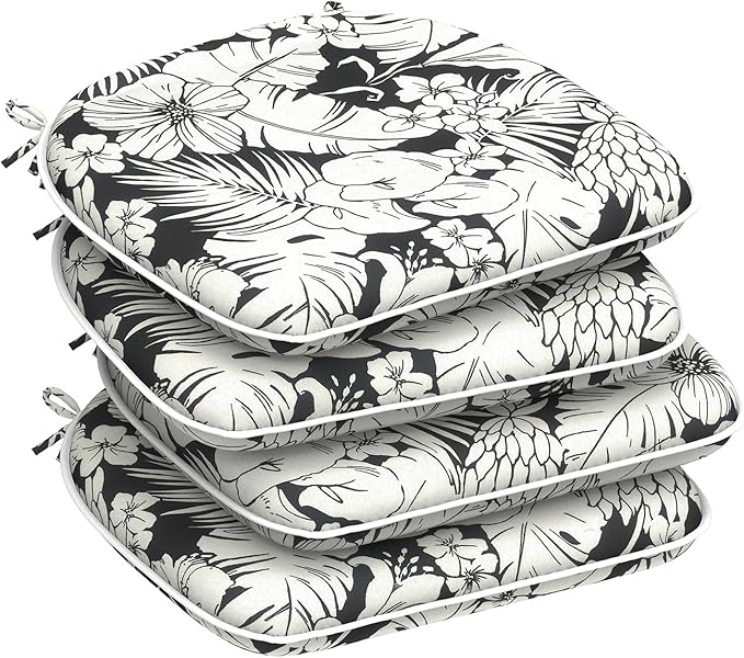 DYTXIII Set of 4 Outdoor Chair Cushions with Ties,Water Repellent Patio Chair Pads 17"x 16" for Outdoor Furniture,Round Corner Seat Cushions for Garden Yard Kitchen Tropical Blossom Noir
