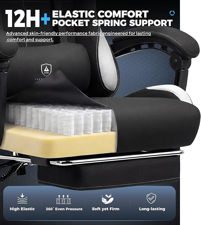 GTPLAYER Gaming Chair Fabric with Pocket Spring Cushion,Computer Office Chair with Lumbar Support for Adults Linkage Armrests and Footrest Ergonomic Gamings Chairs Height Adjustable DARKBLACK