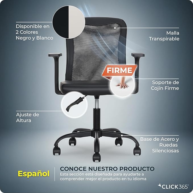 AeroCore M110 Ergonomic Mesh Office Chair, Mid-Back Desk Chair with Lumbar Support, Adjustable Height 360 Swivel, Rolling Wheels, Padded Seat, Small Space Home Office, 275 lb Capacity, Black
