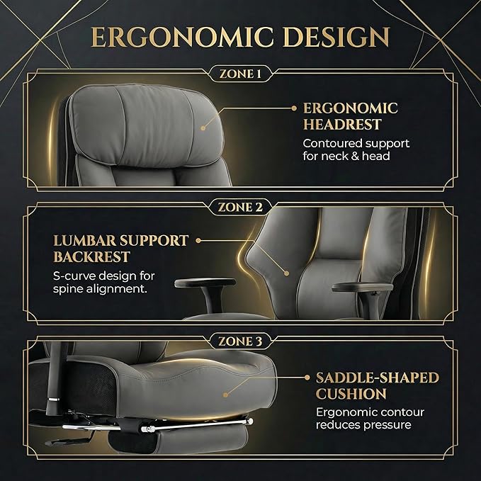 Big and Tall Office Chair 400lbs, Premium PU Leather Executive Chair with Extra Wide Saddle Seat for Cross Legged, 3D Armrests, Footrest, Heavy Duty Ergonomic Reclining Desk Chair (Grey)