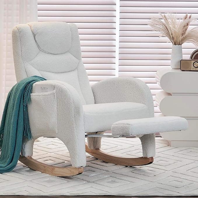 Rocking Chair with Foot Rest, Nursery Glider Teddy Gliding Rocking Chair with Retractable Footrest Rubber Wood Legs Side Pocket High Back & Wide Seat Nursing Chair for Living Room (Ivroy)