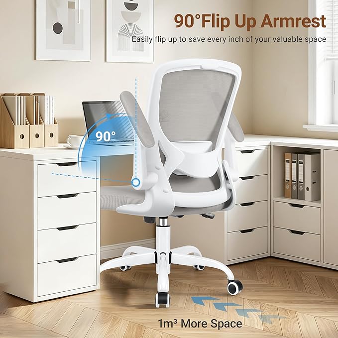 BESTFAIR Ergonomic Office Chair, Mesh Computer Chairs with Lumbar Support, Swivel Desk Chair with Flip-up Arms and Adjustable Height, Light Gray