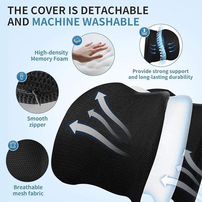 Lumbar Support Pillow for Car, Office Chair, and Gaming, Memory Foam Back Support for Lower Back Pain Relief, Ergonomic with Breathable Removable Mesh Cover, Black