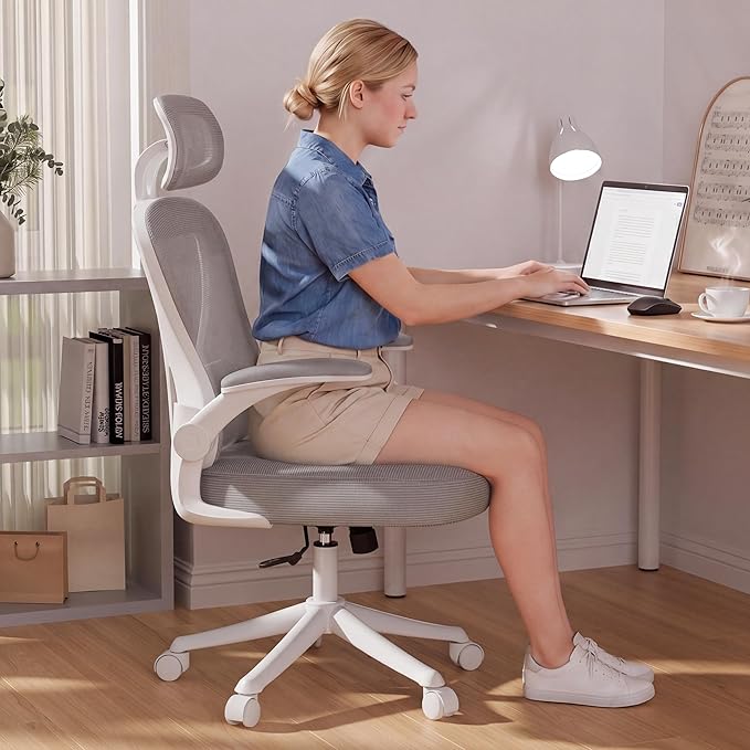 SeekFancy Ergonomic Office Chair M903, Computer Desk Chair with Wheels, High Back Mesh Office Chair with Adjustable Lumbar Support, Headrest, Flip-Up Armrests, White Grey