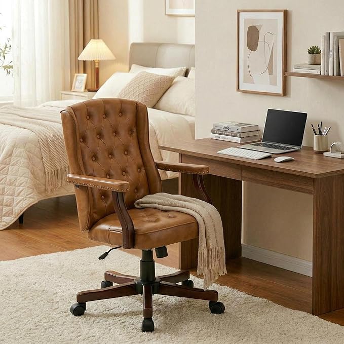 Executive Office Chair, Ergonomic Faux Leather Desk Chair with Wingback Design, Swivel Adjustable Home Office Chair for Computer Desk, Comfortable Task Chair for Home Office, Brown