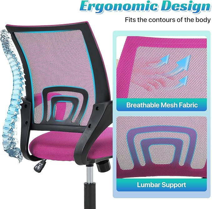 Ergonomic Office Chair Mesh Mid Back with Lumbar Support Armrest, Adjustable Home Desk Chair Comfy Computer Task Drafting Rolling Swivel Chairs for Gaming, Home Work, Study, Pink