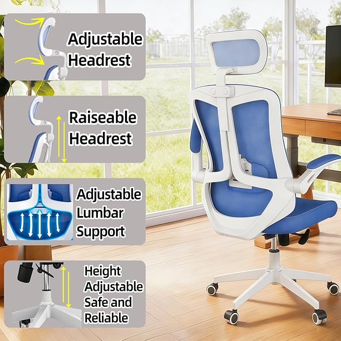 Ergonomic Office Chair - 350LB Comfy Desk Chairs with Adjustable Headrest and Lumbar Back Support, Mesh Computer Chairs with Wheels and Arms for Home Office, Study (Blue-with Headrest)
