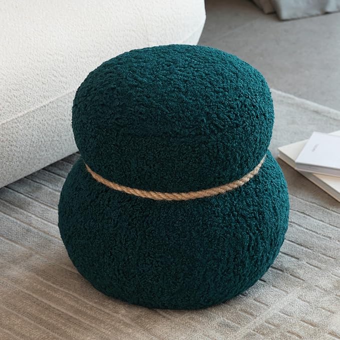 14.56" Snowman Shape Ottoman, Small Foot Stool, Cute Teddy Pouf Footrest, Foot Rest for Couch Sofa, Modern Soft Round Boucle Ottoman Under Desk for Living Room,Apartment,Small Space (Green)