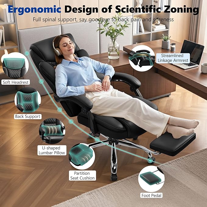 Big and Tall Office Chair 400lbs - Wide Memory Foam Seat with Spring Pack, Reclining Executive Desk Chair with Footrest, Ergonomic Heavy Duty High Back Computer Chair, Black