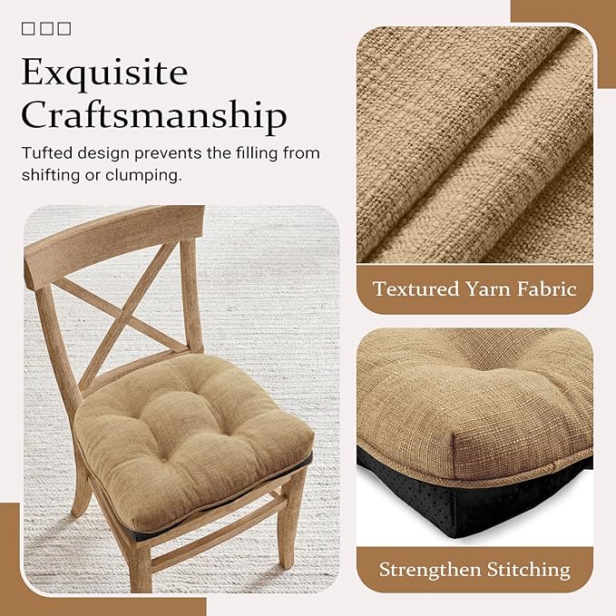 Wellsin Chair Cushions for Dining Chairs, Non-Slip Kitchen Chair Pads with Ties, Tufted Shredded Foam Kitchen Chair Cushions Set of 4, 15.5" X 15.5", Taupe
