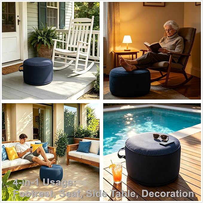 QILLOWAY Inflatable Outdoor Ottoman for Patio, Waterproof Round Pouf, Inflatable Foot Rest, Outdoor Footstool for Poolside, Garden，Camping,All Navy
