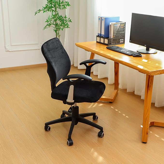 FORCHEER Split Office Chair Cover 2 Piece Black Stretch Velvet Separated Desk Chair Slipcover for Backrest and Seat Washable