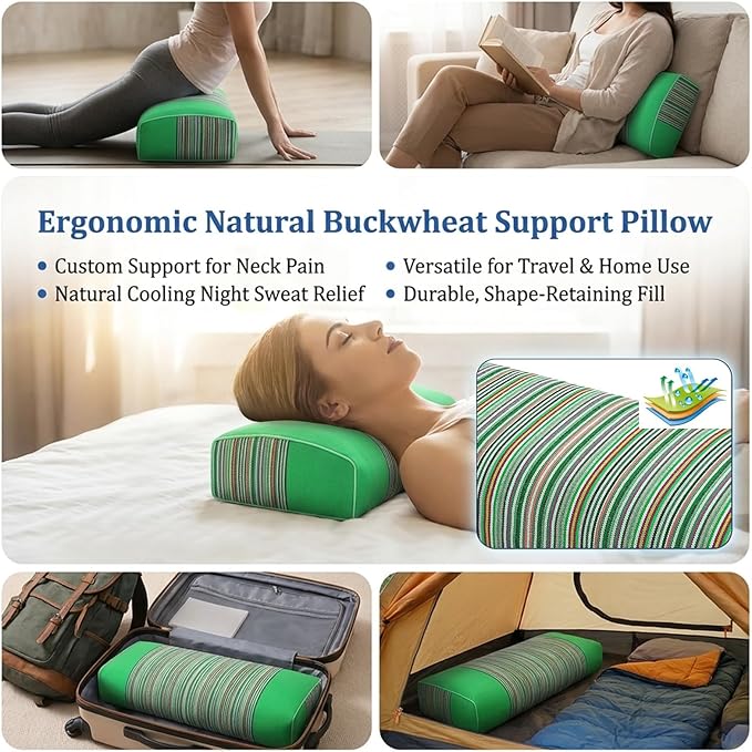 Adjustable Buckwheat Hull Pillow for Neck Pain Relief (21x8x4) Natural Cooling Cervical Support Camping Pillow for Side & Back Sleepers with Night Sweats (Green)