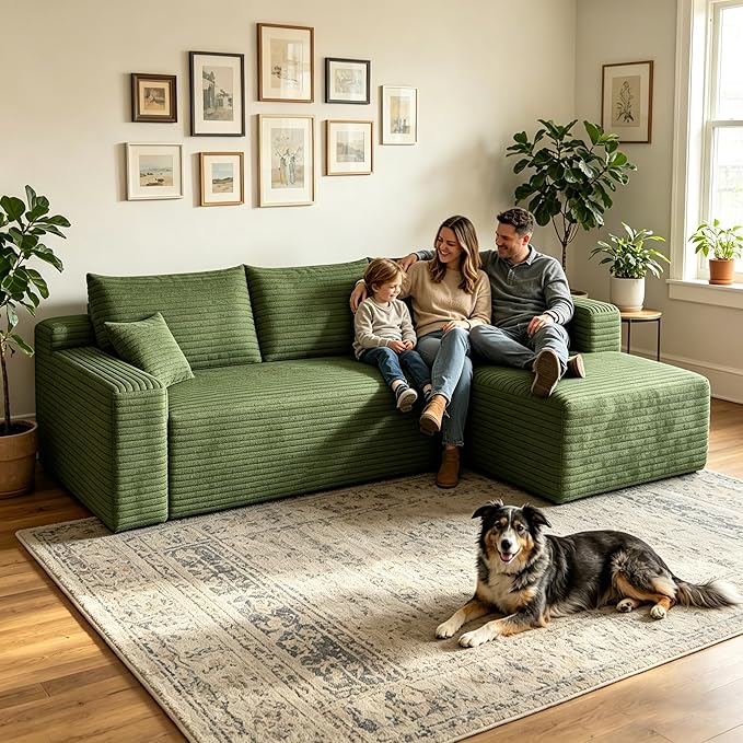 94" Boneless Couches with Right Facing Chaise for Living Room,Corduroy Sectional Couch,L-Shape Cloud Couches Compressed Memory Foam Cloud Sofa,No Assembly Required,Green