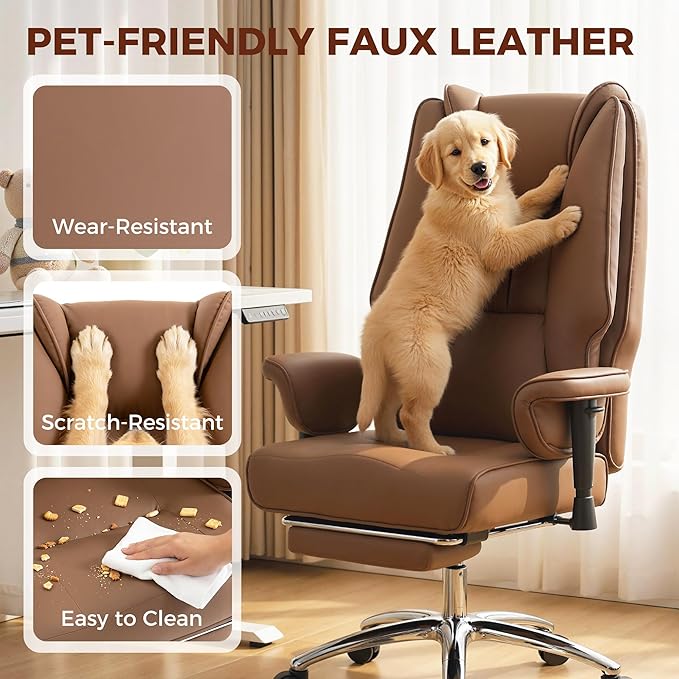 HOMCOM Ergonomic Executive Office Chair with Foot Rest, Reclining Swivel Computer Desk Chair with Adjustable Armrests, Spring Seat, High Back, Thick Cushion, Pet Friendly Faux Leather, Brown