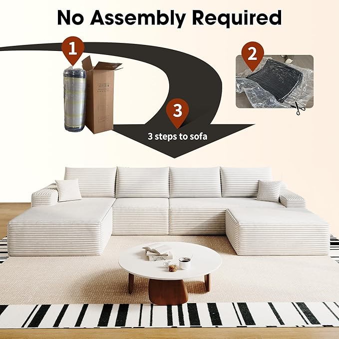 135" U Shaped Sectional Couch with Ottoman, Large Sectional Couches for Living Room, Plush Corduroy Convertible Sleeper Sofa, Compressed Foam Sofa in a Box No Assembly, Left Facing Chaise, White