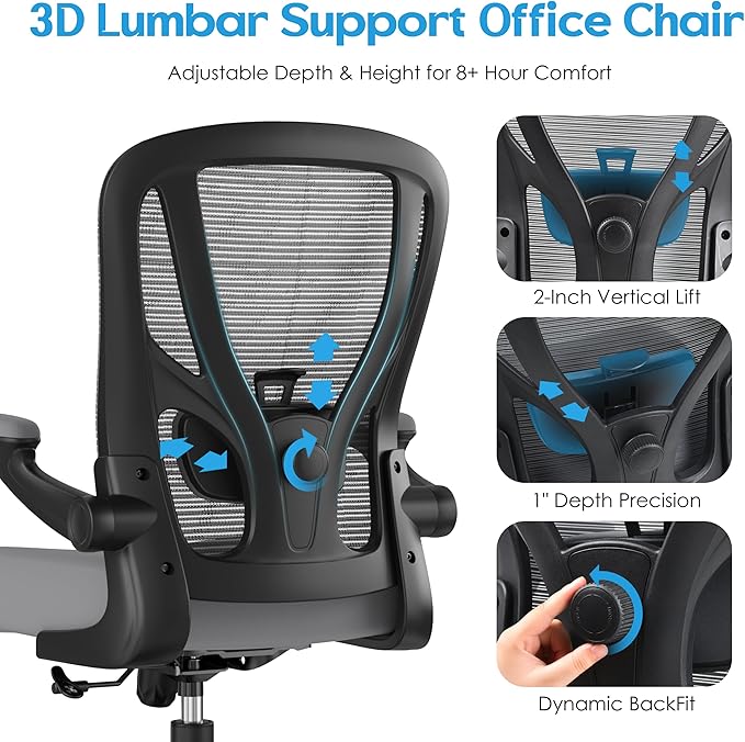 Office Chair Ergonomic Desk Chair - Mesh Computer Chair Breathable Task Chair with Wheels Adjustable Lumbar Support Home Desk Office Chairs with Flip up Armrest Gray 6 Pack