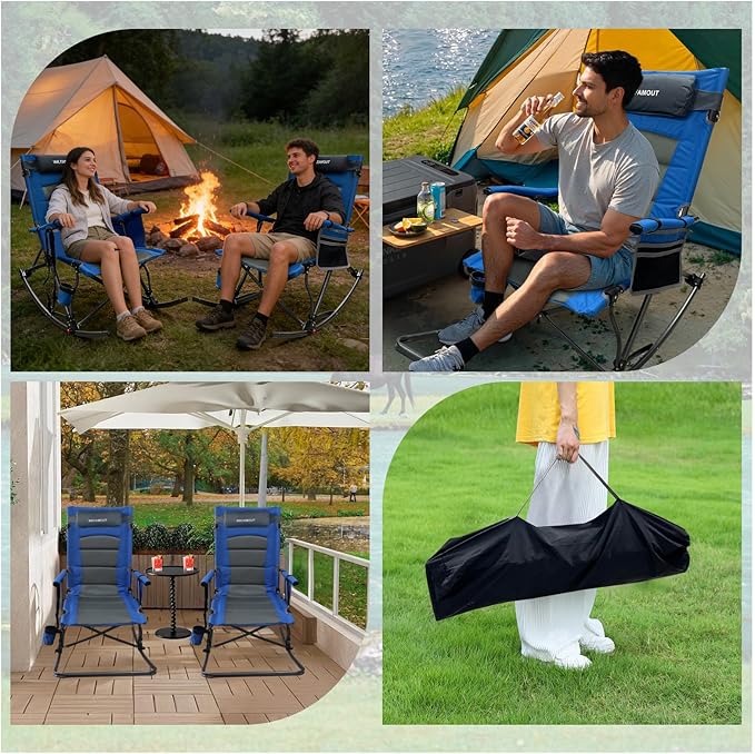 13.8" High Seat Rocking Camping Chair Outdoor with Foot Rest & Headrest, Oversized Folding Rocker Chair with Carry Bag for Lawn Patio Supports 300 lbs