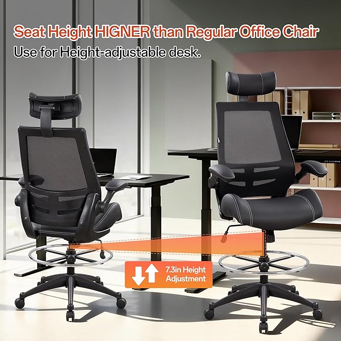BOLISS Ergonomic Drafting Chair with 4-Level Adjustable Headrest Tall Standing Desk Stool with Soft Microfiber Leather Seat, Breathable Mesh Back, 90° Flip-Up Arms, and Adjustable Foot Ring