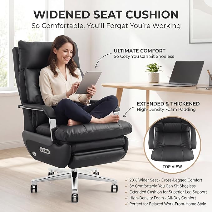 Dual Motor Executive Office Chair with Footrest, 170° Reclining Wide Seat Ergonomic Leather Desk Chair, One-Touch Reset, 450LBS Big and Tall for Home&Office (Black)