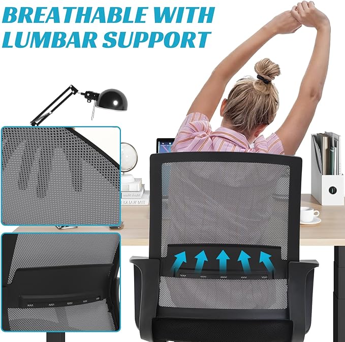 Ergonomic Office Chair, Breathable Mesh Desk Chair, Swivel Computer Chair with Wheels & Adjustable Height & Comfort Seat for Home Office, Gaming Room, Grey