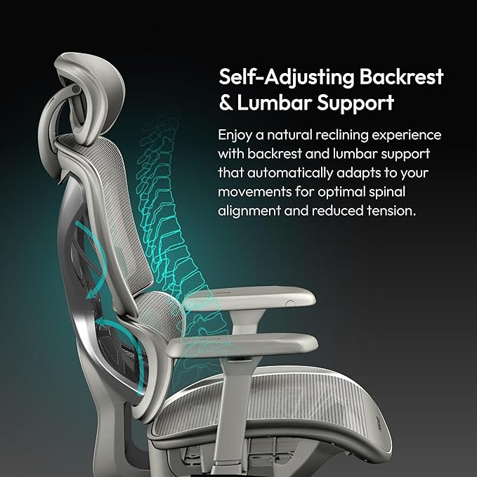 ThunderX3 XTC Ergonomic Office Chair, for Adults Gaming Chair, High Back Desk Chair, Synchronous Tilt, Self-Adjusting Lumbar Support and Backrest, Adjustable Headrest, Breathable Mesh, Grey